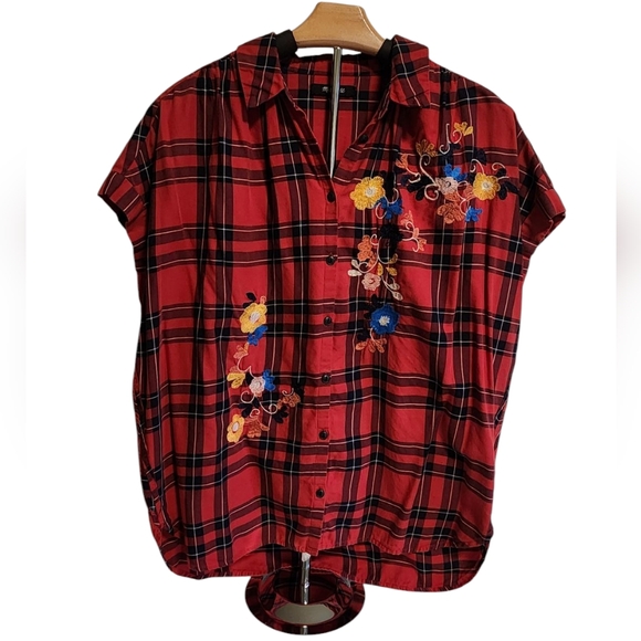 Madewell Red Embroidered CentralShirt in Dahl Plaid Check Top Oversized Size - M - Picture 2 of 7